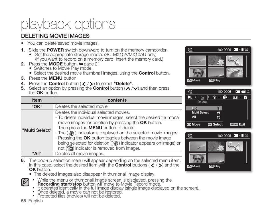 Deleting movie images, Playback options | Samsung SC-MX10A-XAP User Manual | Page 70 / 108