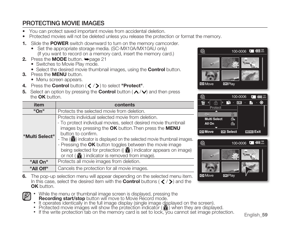 Protecting movie images | Samsung SC-MX10A-XAP User Manual | Page 71 / 108