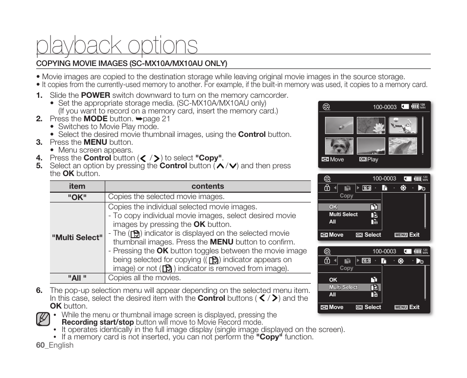 Copying movie images (sc-mx10a/mx10au only), Playback options | Samsung SC-MX10A-XAP User Manual | Page 72 / 108