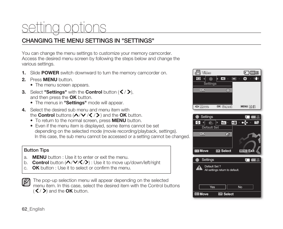 Setting options, Changing the menu settings in "settings | Samsung SC-MX10A-XAP User Manual | Page 74 / 108