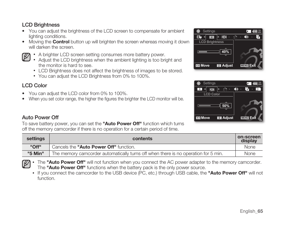 Lcd brightness, Lcd color, Auto power off | Samsung SC-MX10A-XAP User Manual | Page 77 / 108