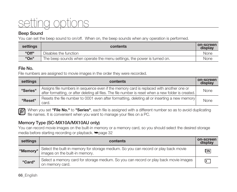 Setting options | Samsung SC-MX10A-XAP User Manual | Page 78 / 108