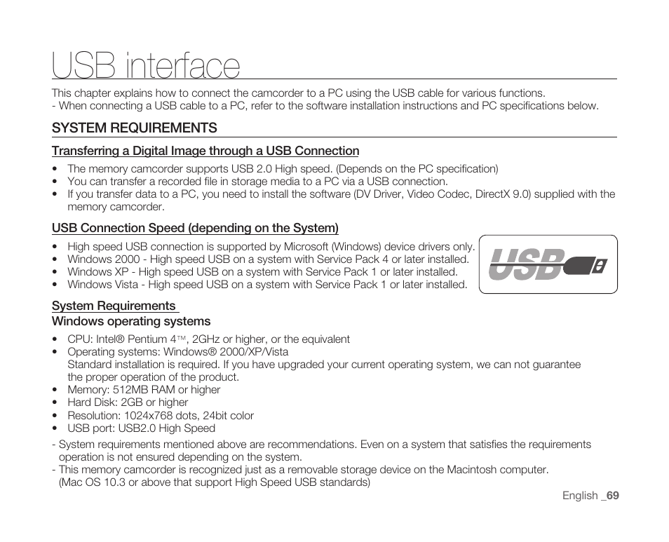 Usb interface, System requirements | Samsung SC-MX10A-XAP User Manual | Page 81 / 108