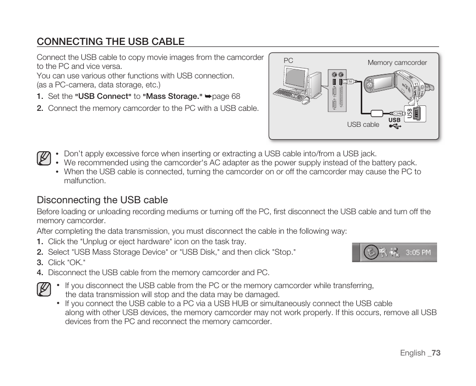 Connecting the usb cable, Disconnecting the usb cable | Samsung SC-MX10A-XAP User Manual | Page 85 / 108