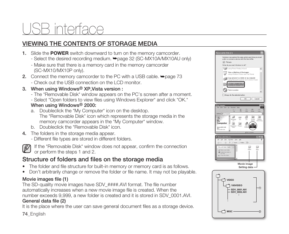 Viewing the contents of storage media, Usb interface | Samsung SC-MX10A-XAP User Manual | Page 86 / 108