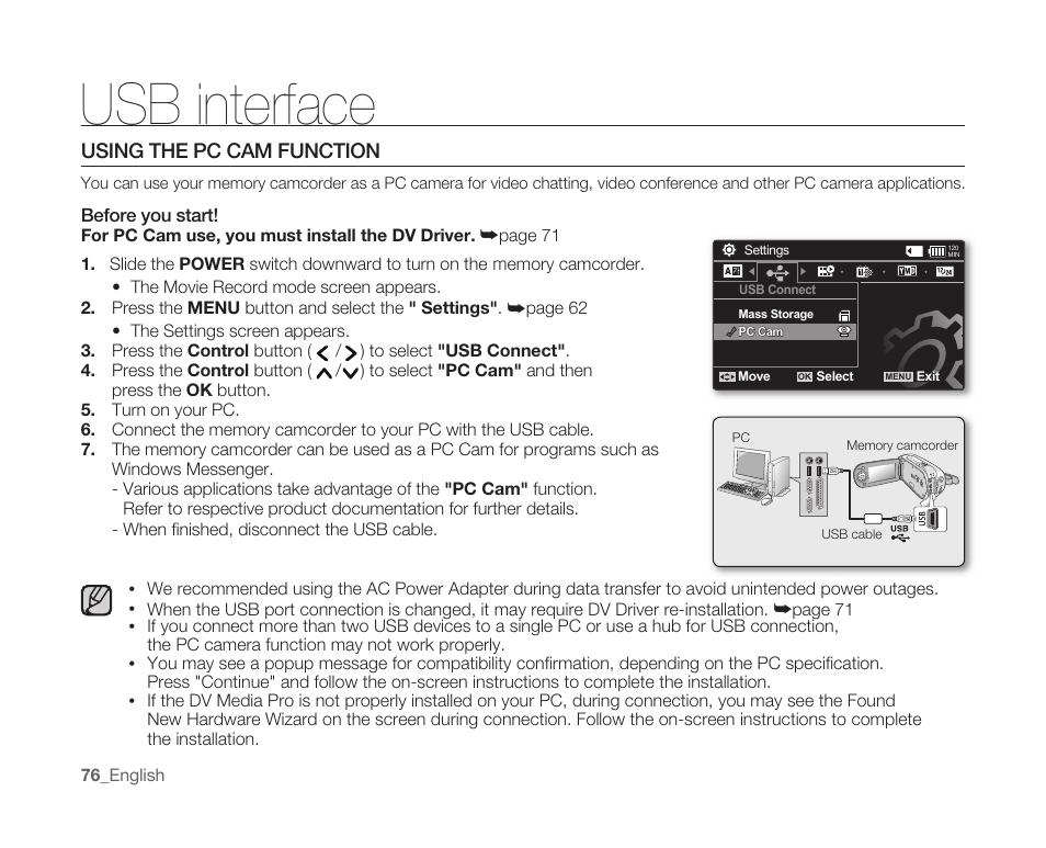 Using the pc cam function, Usb interface | Samsung SC-MX10A-XAP User Manual | Page 88 / 108