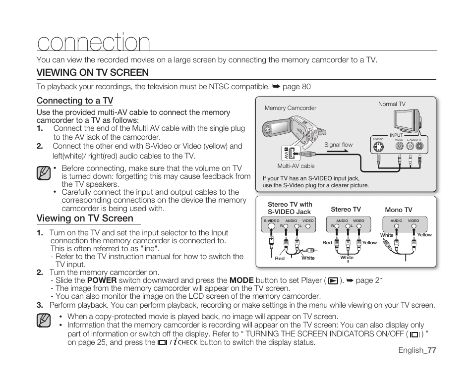 Connection, Viewing on tv screen, Connecting to a tv | English _77, Page 80 | Samsung SC-MX10A-XAP User Manual | Page 89 / 108