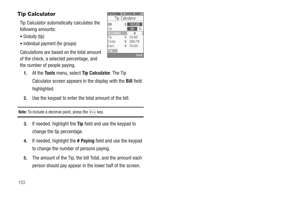 Tip calculator | Samsung SEC-R311ZGAUSC User Manual | Page 106 / 155