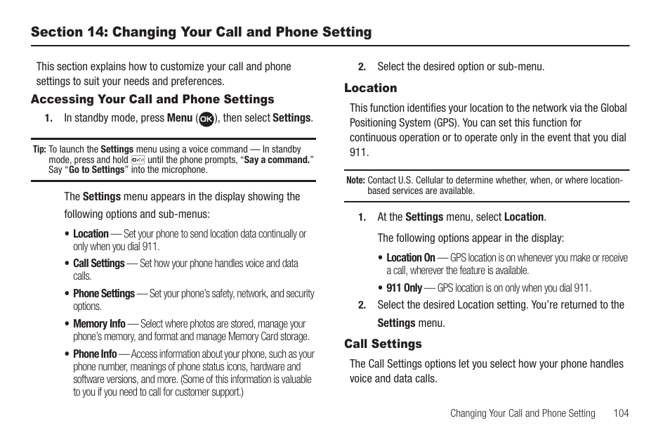Section 14: changing your call and phone setting, Accessing your call and phone settings, Location | Call settings, Location call settings | Samsung SEC-R311ZGAUSC User Manual | Page 107 / 155