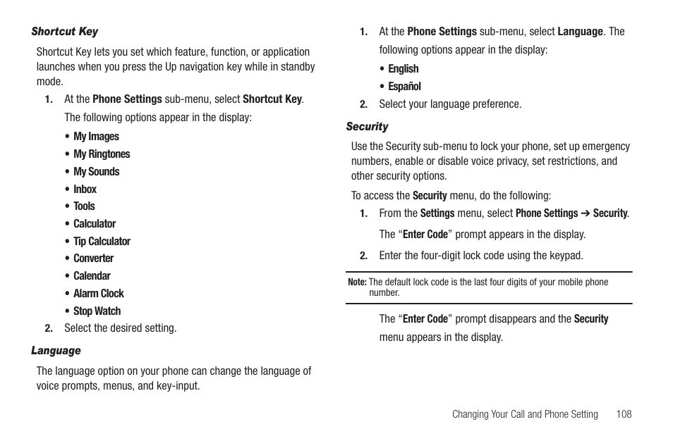 Shortcut key, Language, Security | Samsung SEC-R311ZGAUSC User Manual | Page 111 / 155