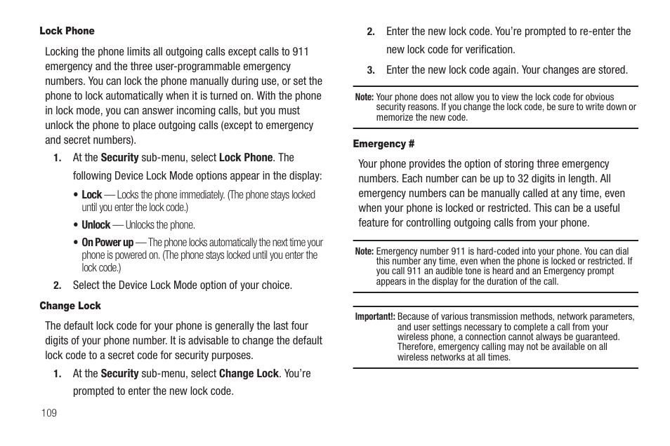 Lock phone, Change lock, Emergency | Samsung SEC-R311ZGAUSC User Manual | Page 112 / 155