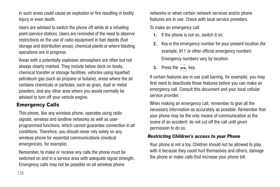 Emergency calls, Restricting children's access to your phone | Samsung SEC-R311ZGAUSC User Manual | Page 138 / 155