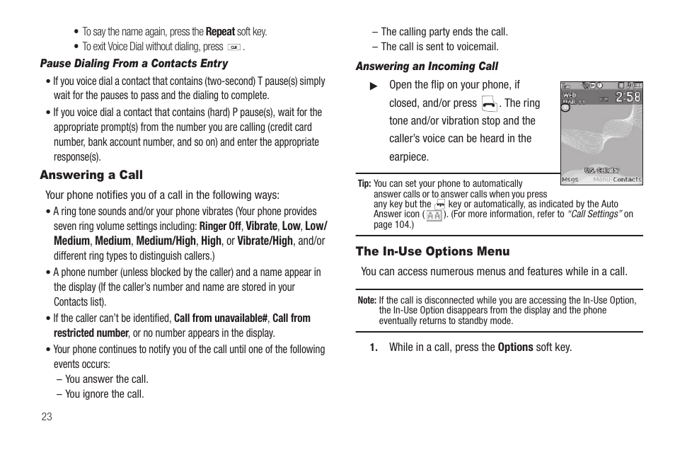 Pause dialing from a contacts entry, Answering a call, Answering an incoming call | The in-use options menu, Answering a call the in-use options menu | Samsung SEC-R311ZGAUSC User Manual | Page 26 / 155
