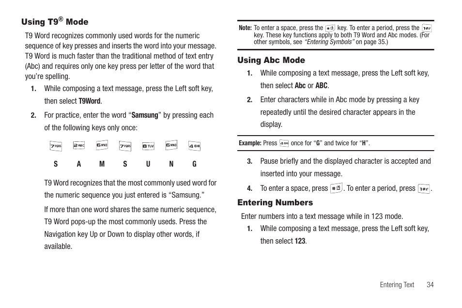 Using t9® mode, Using abc mode, Entering numbers | Using t9, Using abc mode entering numbers | Samsung SEC-R311ZGAUSC User Manual | Page 37 / 155