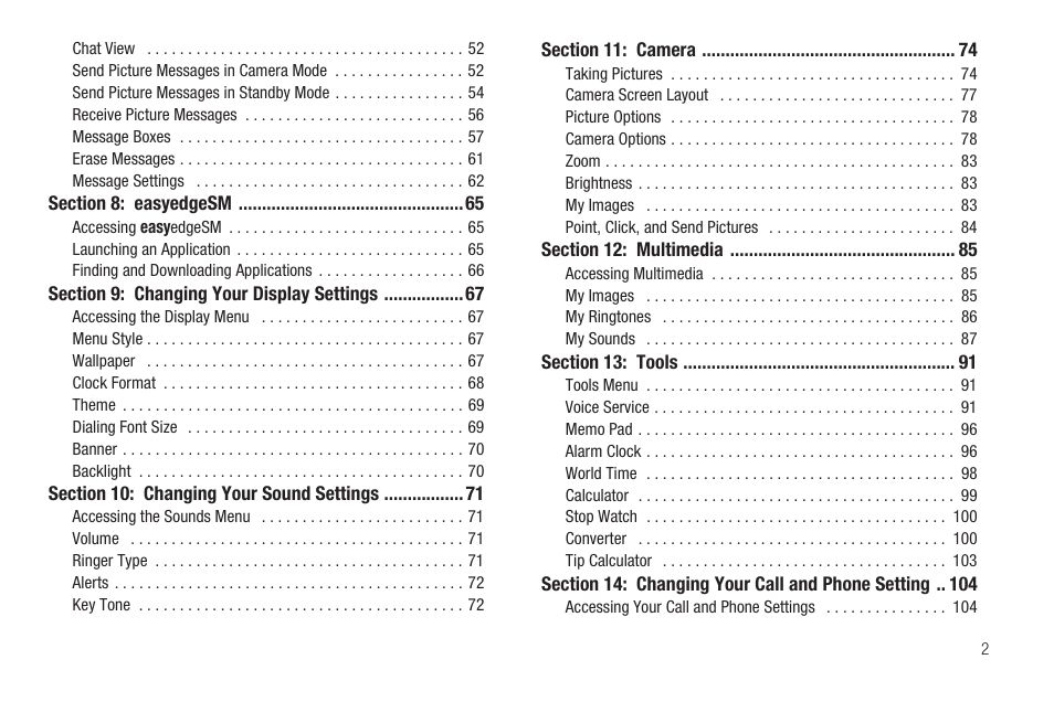 Section 8: easyedgesm 65, Section 9: changing your display settings 67, Section 10: changing your sound settings 71 | Section 11: camera 74, Section 12: multimedia 85, Section 13: tools 91 | Samsung SEC-R311ZGAUSC User Manual | Page 5 / 155