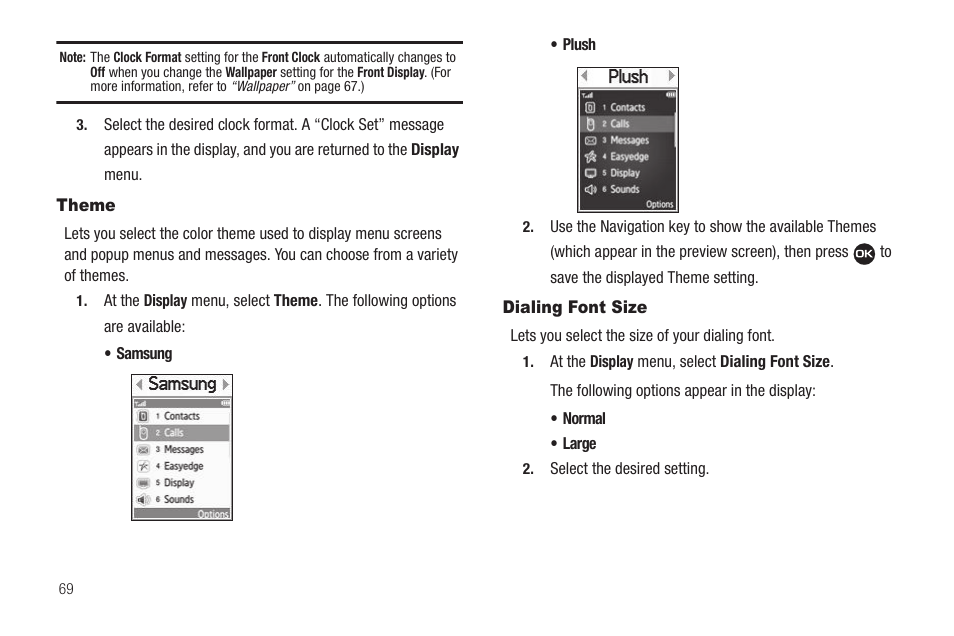 Theme, Dialing font size, Theme dialing font size | Samsung SEC-R311ZGAUSC User Manual | Page 72 / 155