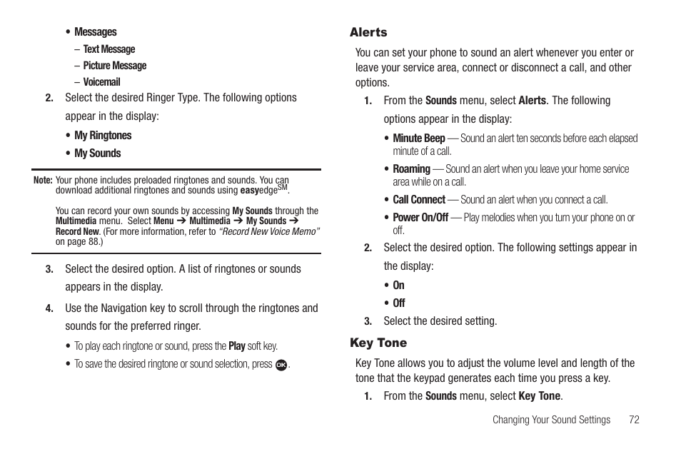 Alerts, Key tone, Alerts key tone | Samsung SEC-R311ZGAUSC User Manual | Page 75 / 155