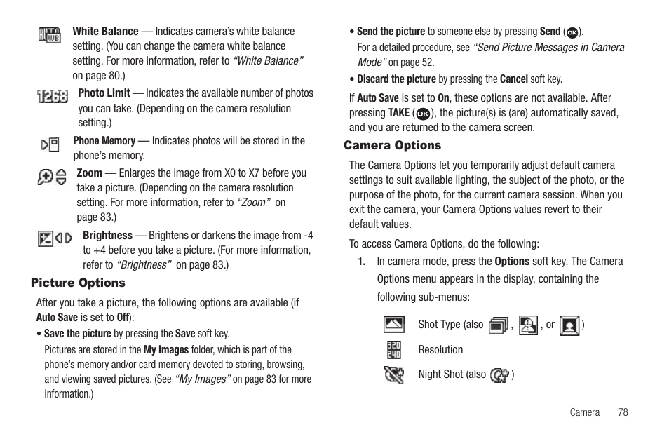 Picture options, Camera options, Picture options camera options | Samsung SEC-R311ZGAUSC User Manual | Page 81 / 155