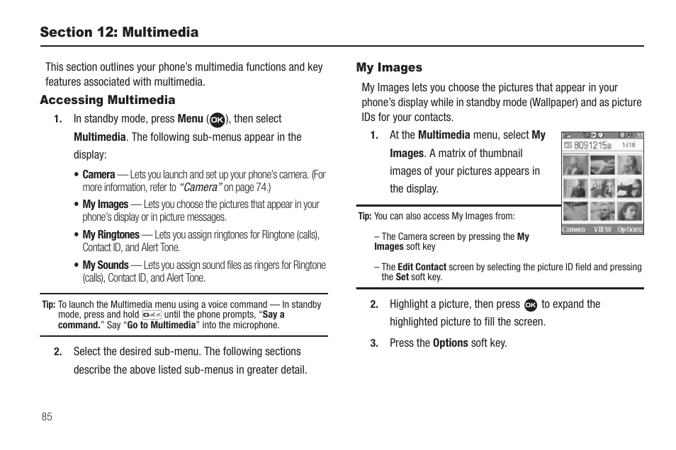 Section 12: multimedia, Accessing multimedia, My images | Accessing multimedia my images | Samsung SEC-R311ZGAUSC User Manual | Page 88 / 155