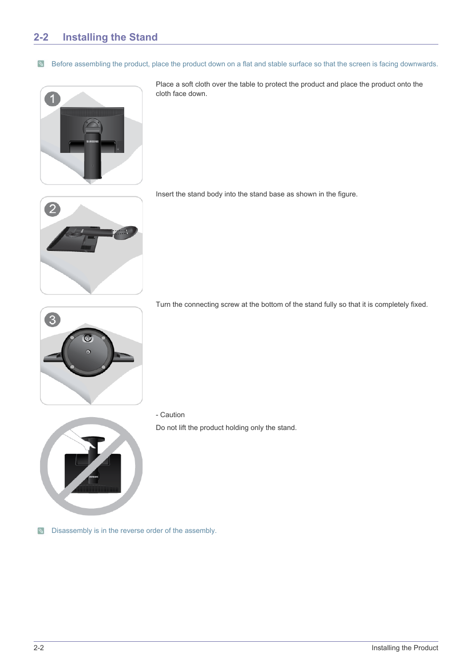 2 installing the stand, Installing the stand -2 | Samsung LS19MYBEB2-ZA User Manual | Page 12 / 44