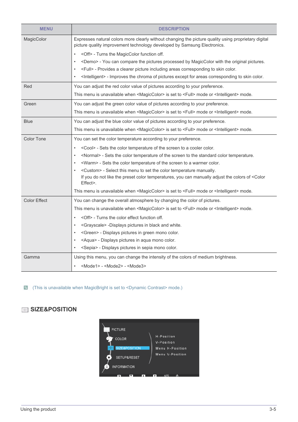 Size&position | Samsung LS19MYBEB2-ZA User Manual | Page 25 / 44