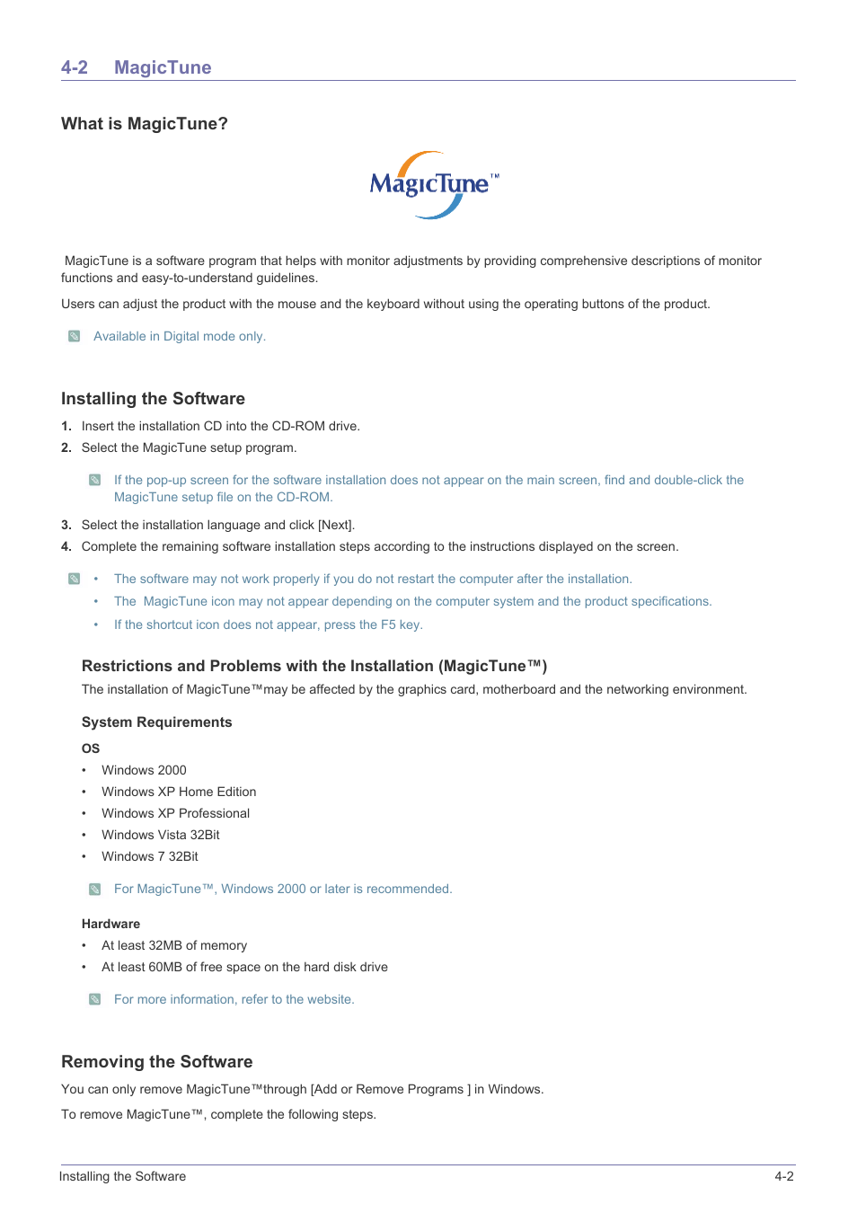 2 magictune, Magictune -2, What is magictune | Installing the software, Removing the software | Samsung LS19MYBEB2-ZA User Manual | Page 29 / 44