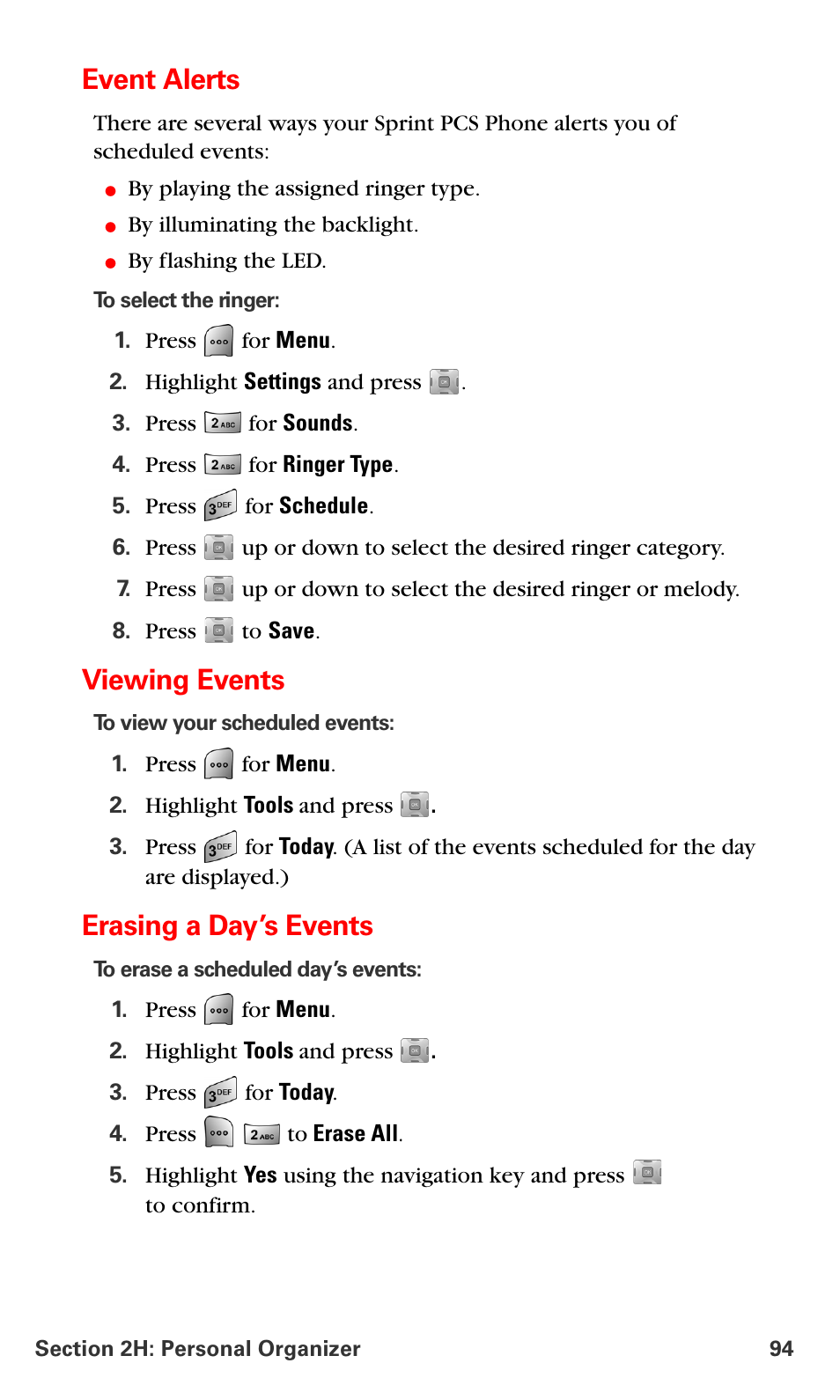 Event alerts, Viewing events, Erasing a day’s events | Samsung SPH-A700BSSXAR User Manual | Page 102 / 222