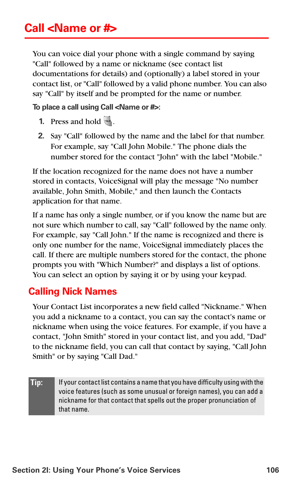 Call <name or, Calling nick names | Samsung SPH-A700BSSXAR User Manual | Page 114 / 222