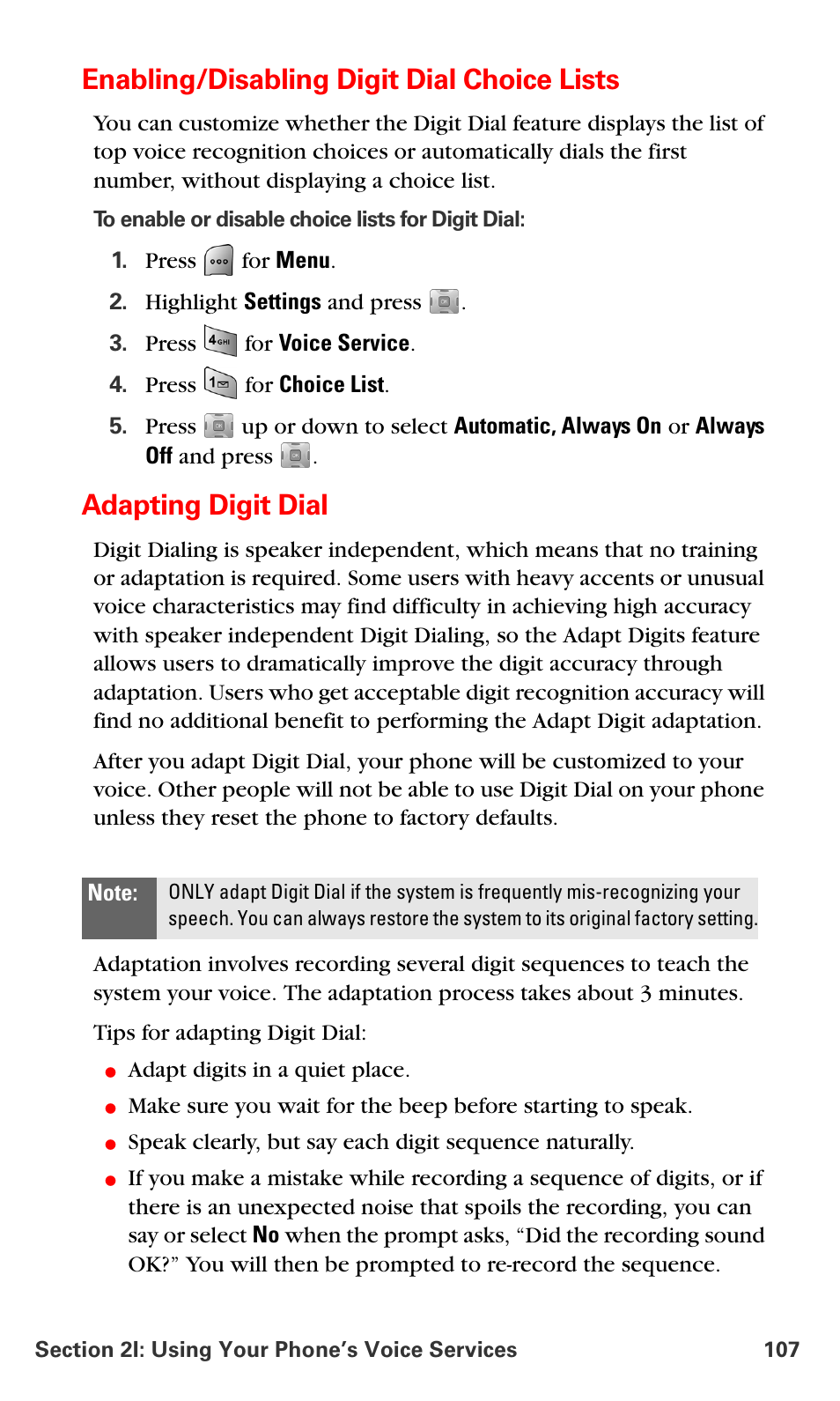 Enabling/disabling digit dial choice lists, Adapting digit dial | Samsung SPH-A700BSSXAR User Manual | Page 115 / 222