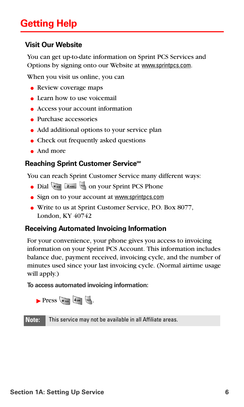 Getting help, Visit our website, Reaching sprint customer service | Receiving automated invoicing information | Samsung SPH-A700BSSXAR User Manual | Page 14 / 222