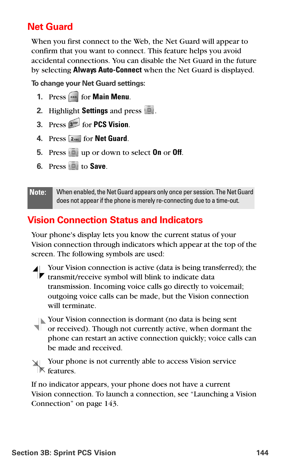 Net guard, Vision connection status and indicators | Samsung SPH-A700BSSXAR User Manual | Page 152 / 222