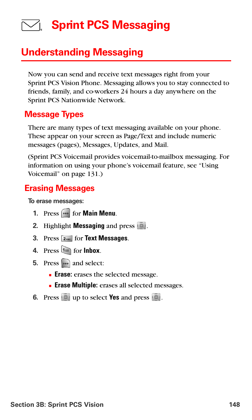 Understanding messaging, Message types, Erasing messages | Sprint pcs messaging | Samsung SPH-A700BSSXAR User Manual | Page 156 / 222