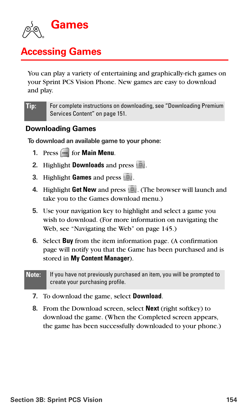 Accessing games, Games | Samsung SPH-A700BSSXAR User Manual | Page 162 / 222