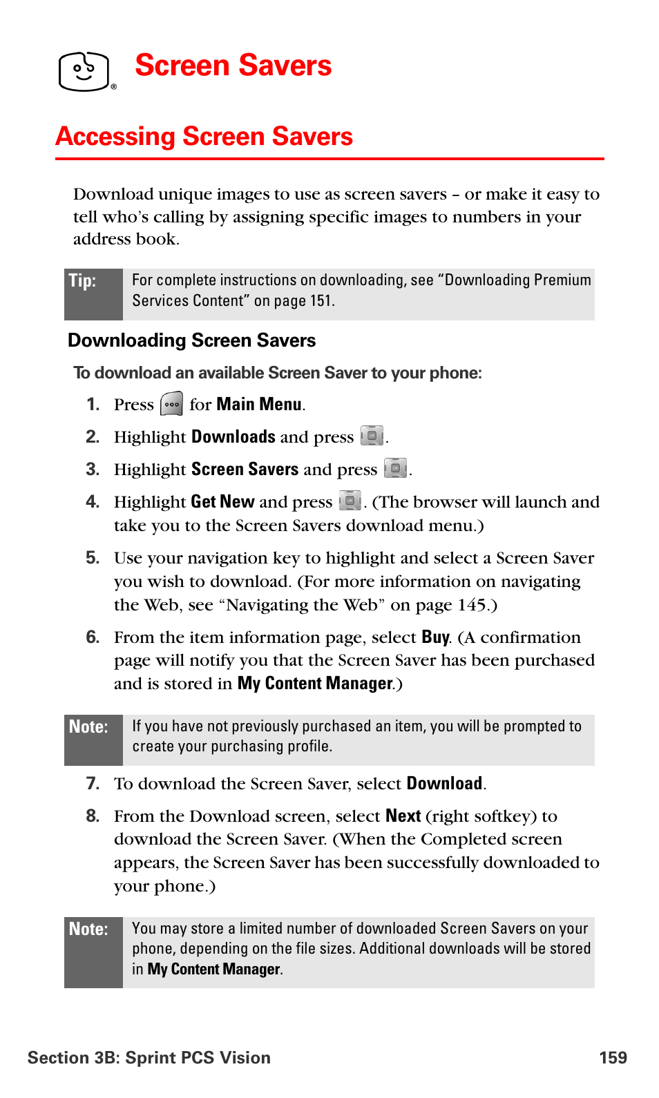 Accessing screen savers, Screen savers | Samsung SPH-A700BSSXAR User Manual | Page 167 / 222