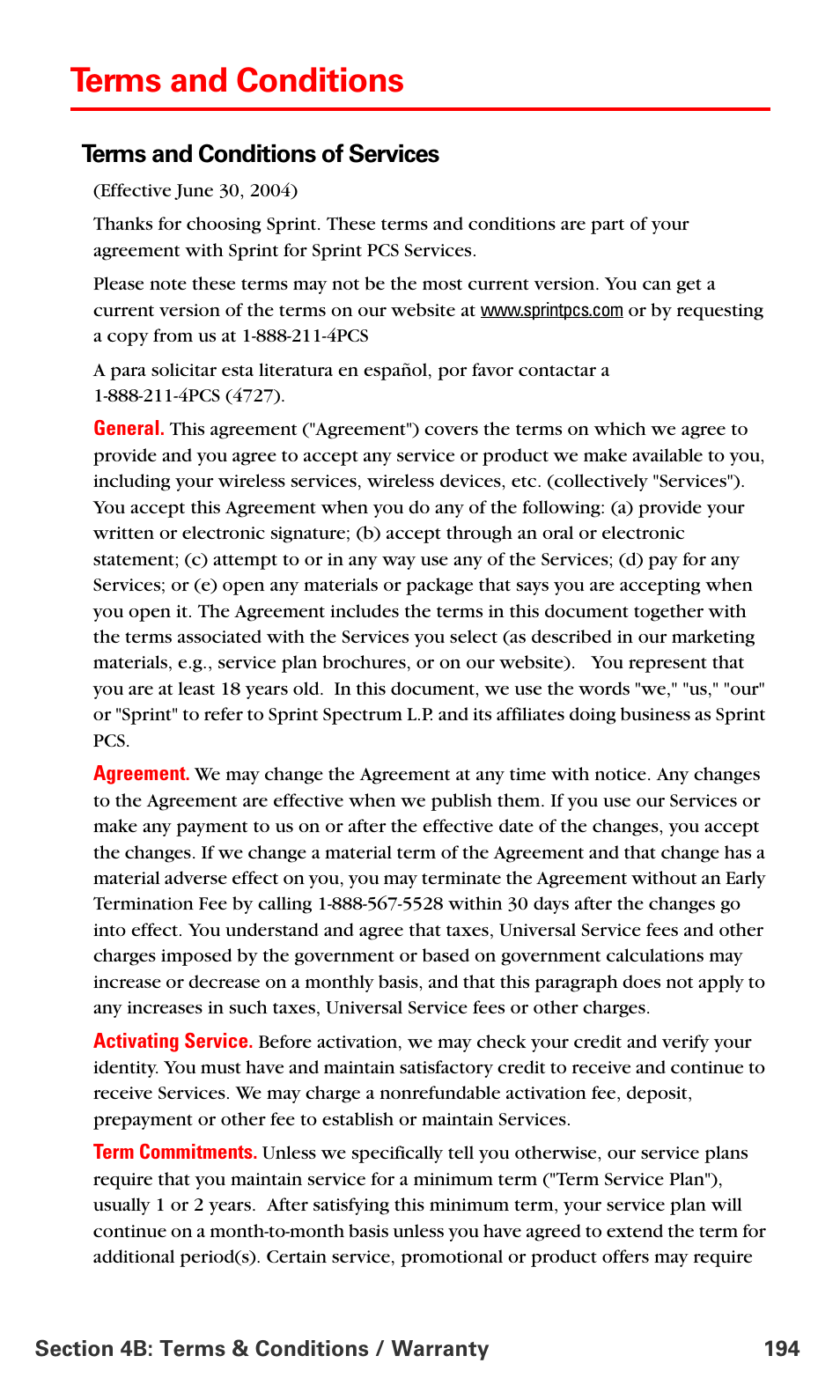 Terms and conditions, Terms and conditions of services | Samsung SPH-A700BSSXAR User Manual | Page 202 / 222