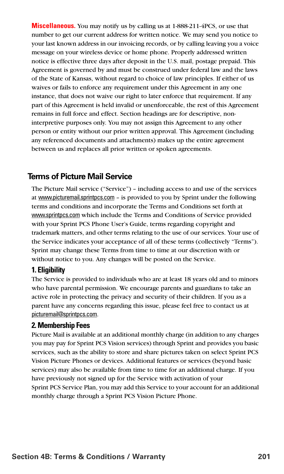 Terms of picture mail service, Eligibility, Membership fees | Samsung SPH-A700BSSXAR User Manual | Page 209 / 222