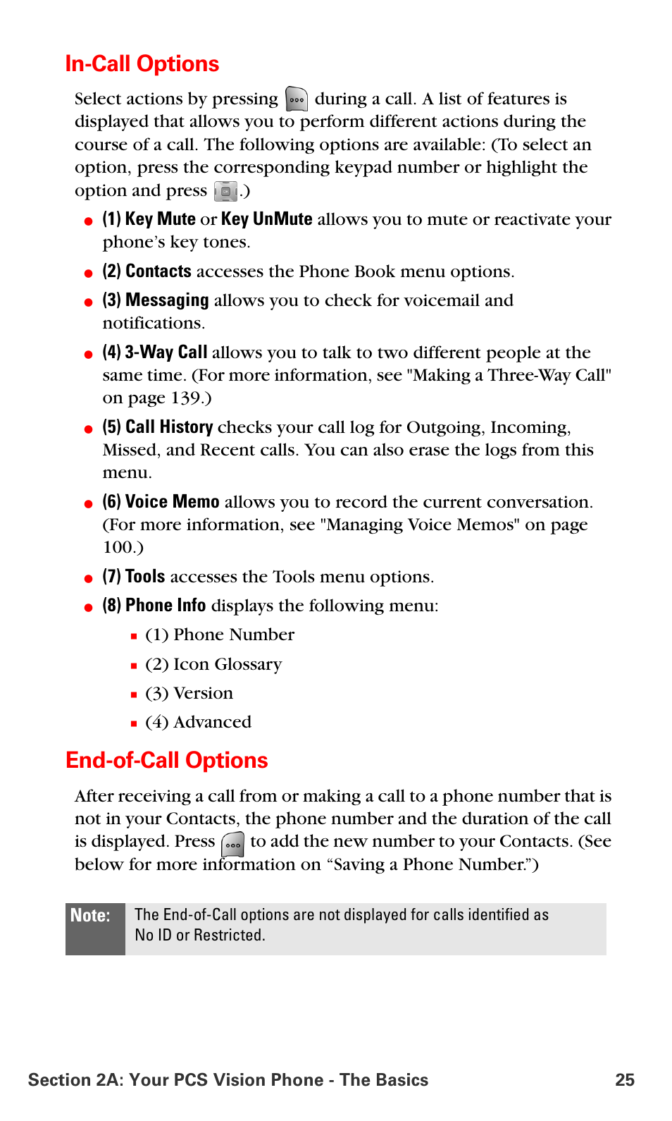 In-call options, End-of-call options, 2) contacts accesses the phone book menu options | 7) tools accesses the tools menu options, 8) phone info displays the following menu, 1) phone number, 2) icon glossary, 3) version, 4) advanced | Samsung SPH-A700BSSXAR User Manual | Page 33 / 222