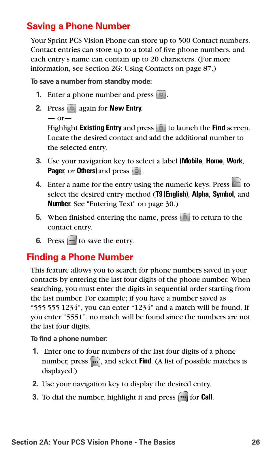 Saving a phone number, Finding a phone number | Samsung SPH-A700BSSXAR User Manual | Page 34 / 222