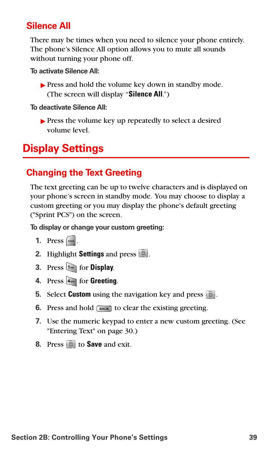 Silence all, Display settings, Changing the text greeting | Samsung SPH-A700BSSXAR User Manual | Page 47 / 222