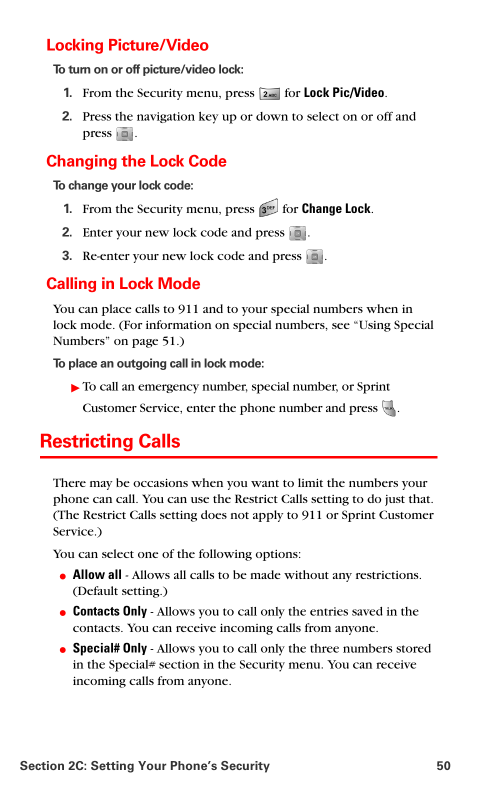 Locking picture/video, Changing the lock code, Calling in lock mode | Restricting calls | Samsung SPH-A700BSSXAR User Manual | Page 58 / 222