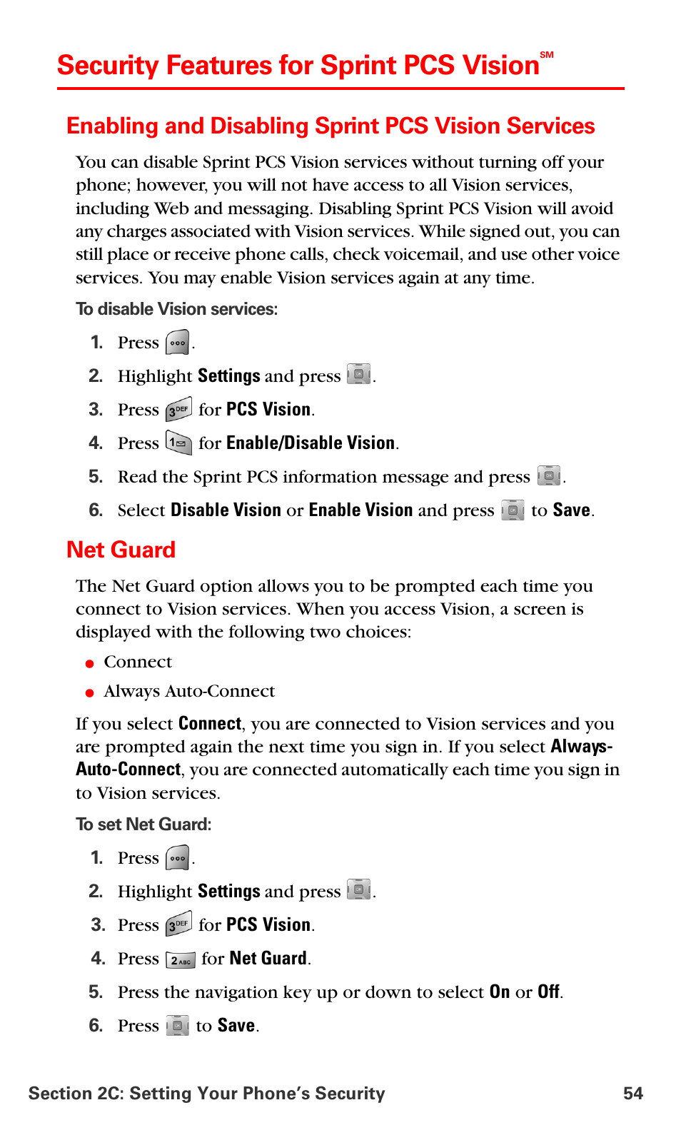 Security features for sprint pcs visionsm, Enabling and disabling sprint pcs vision services, Net guard | Security features for sprint pcs vision | Samsung SPH-A700BSSXAR User Manual | Page 62 / 222