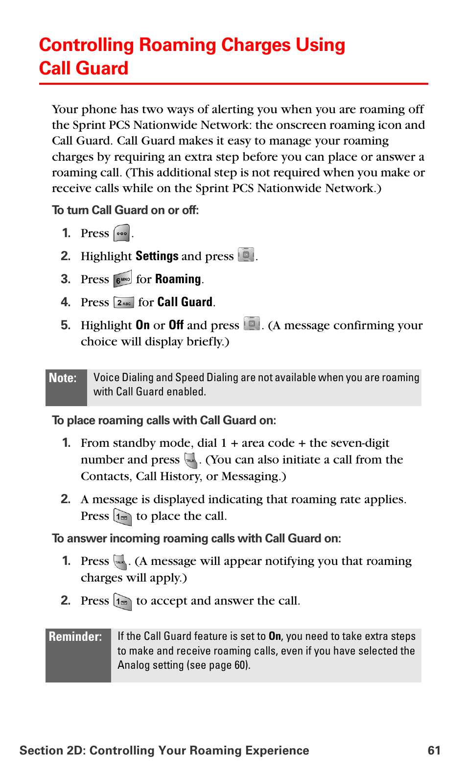 Controlling roaming charges using call guard | Samsung SPH-A700BSSXAR User Manual | Page 69 / 222