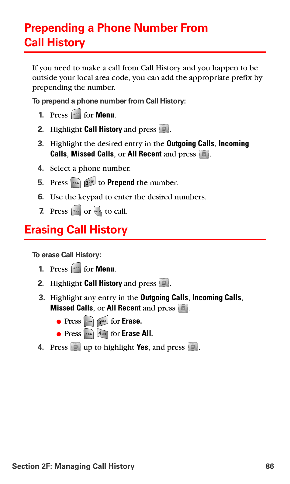 Prepending a phone number from call history, Erasing call history | Samsung SPH-A700BSSXAR User Manual | Page 94 / 222