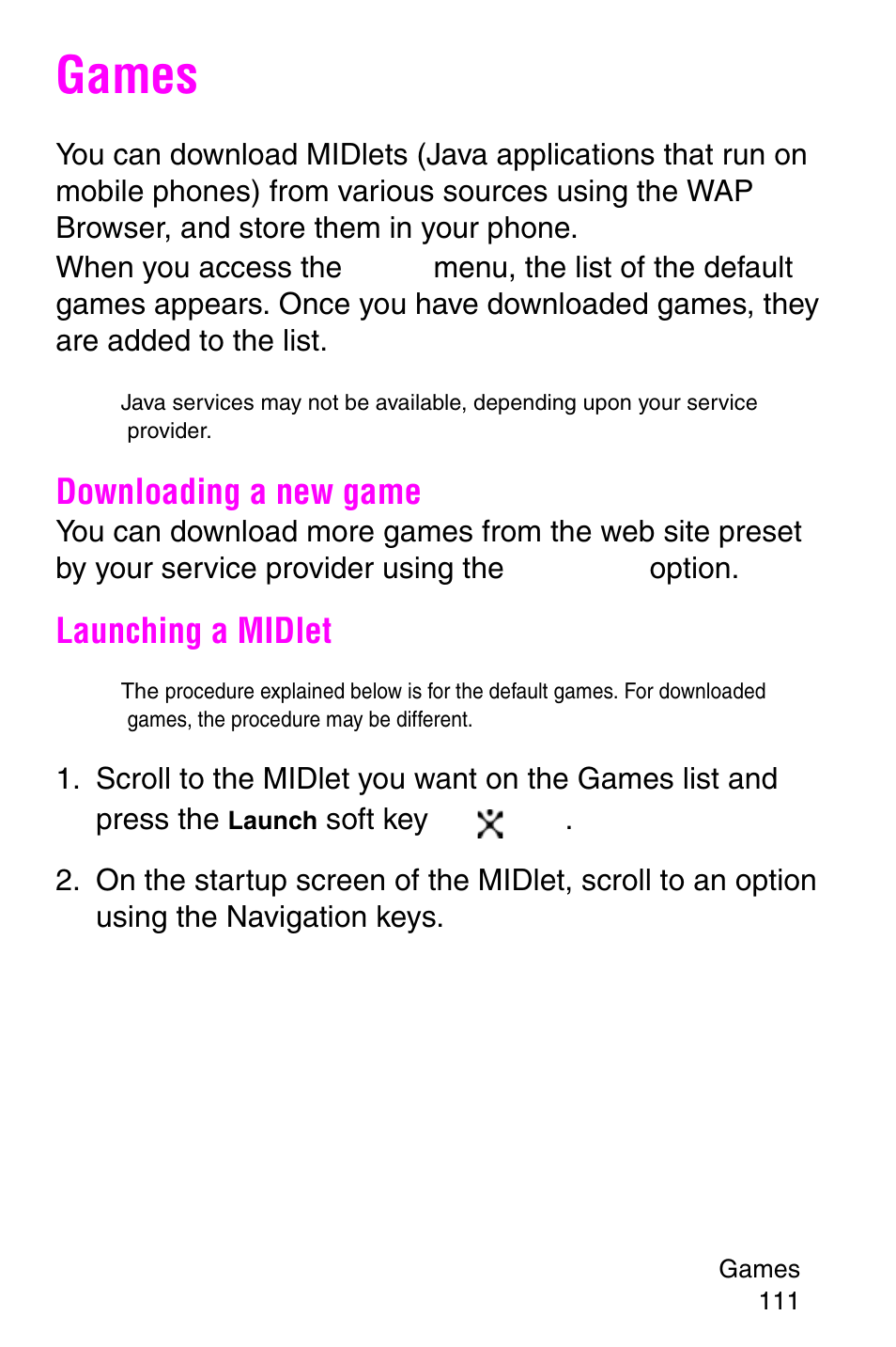 Games, Downloading a new game, Launching a midlet | Samsung SGH-X427ZSACIN User Manual | Page 111 / 220