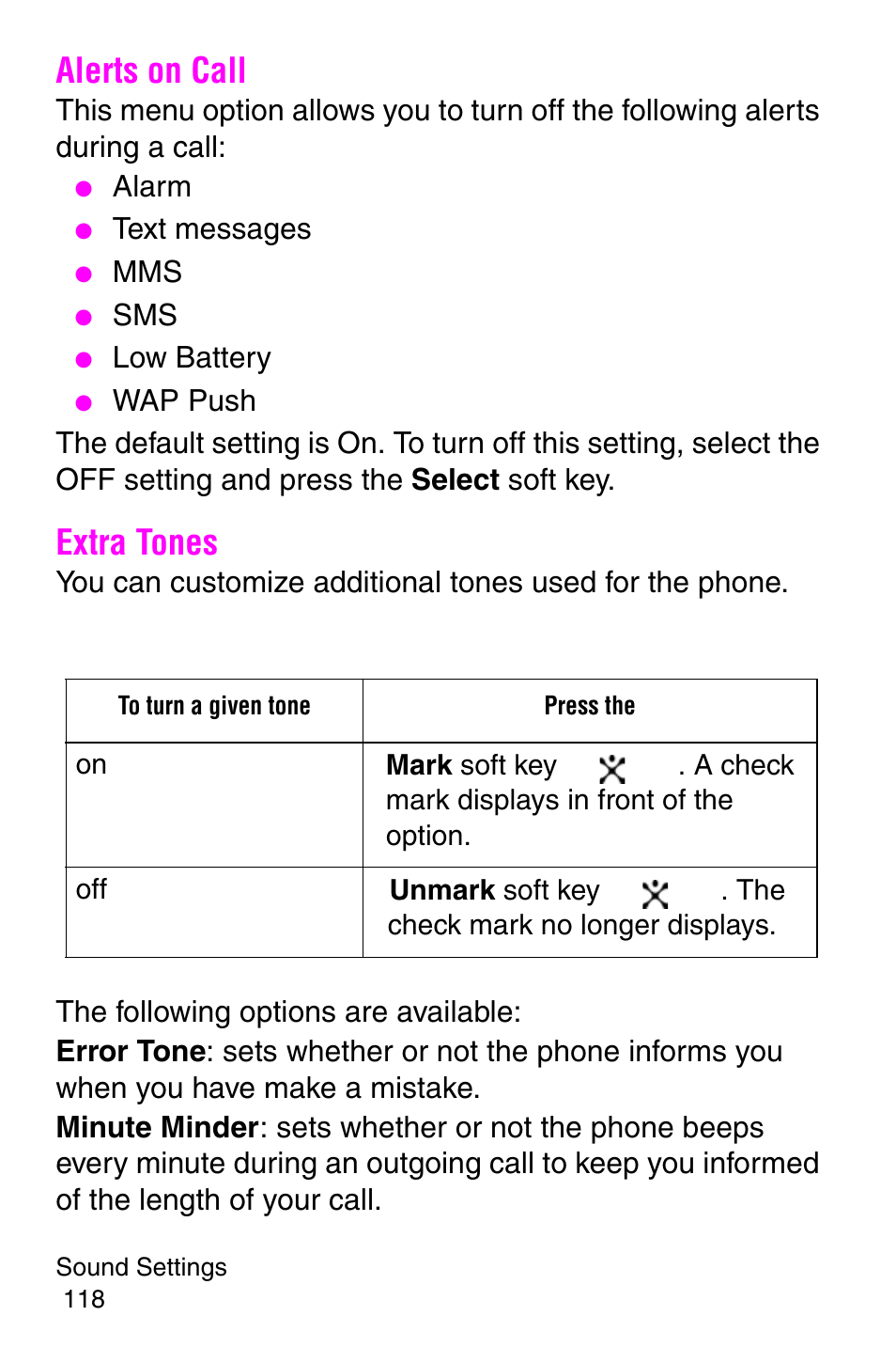 Alerts on call, Extra tones | Samsung SGH-X427ZSACIN User Manual | Page 118 / 220