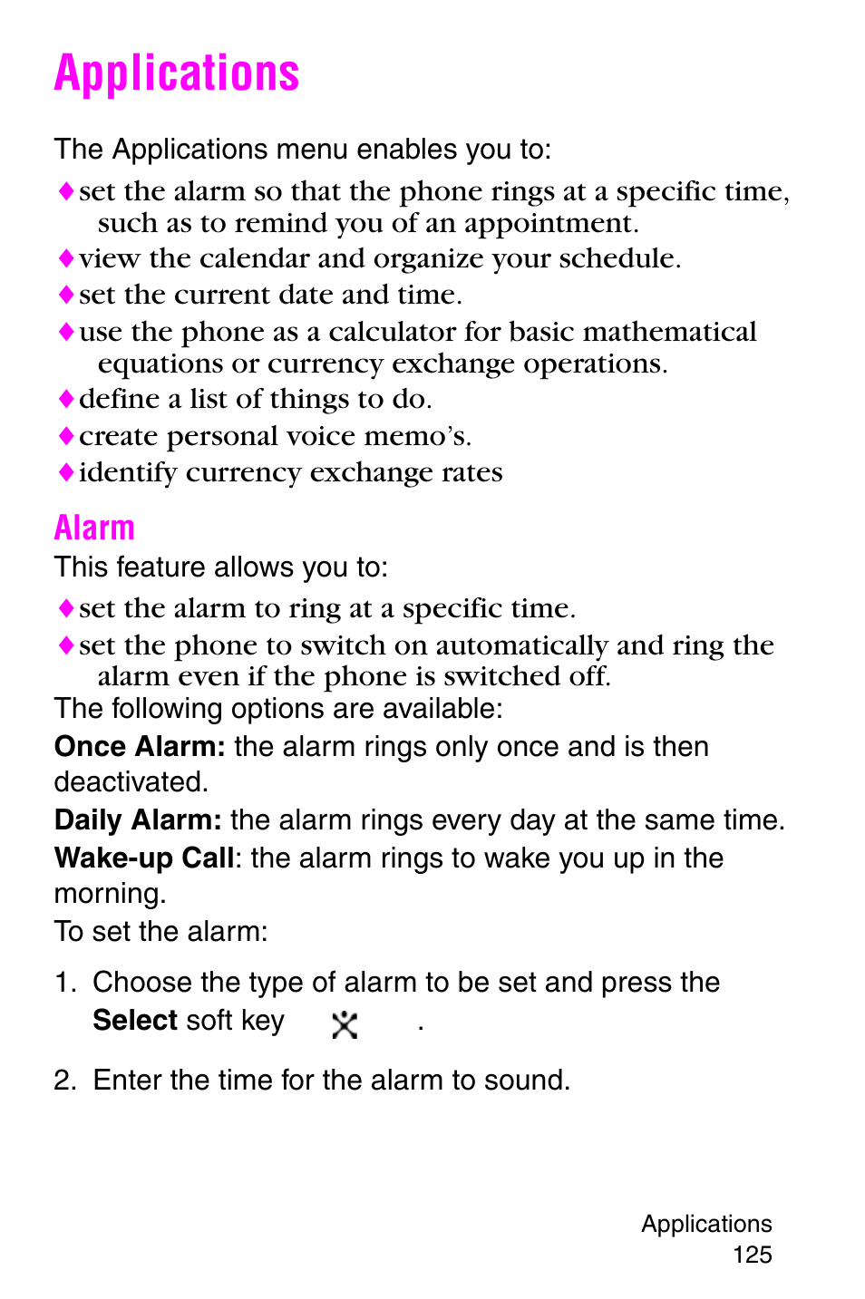 Applications, Alarm, Enter the time for the alarm to sound | Samsung SGH-X427ZSACIN User Manual | Page 125 / 220