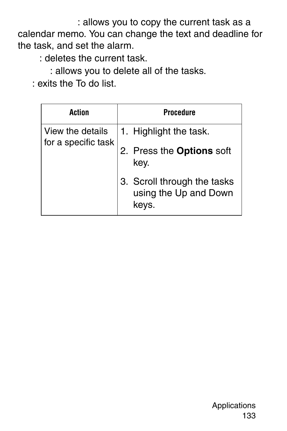 Highlight the task, Press the options soft key | Samsung SGH-X427ZSACIN User Manual | Page 133 / 220