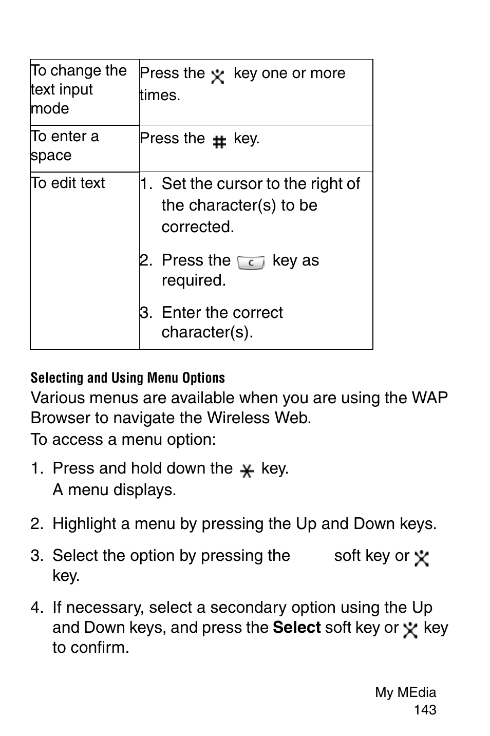 Press the key as required, Enter the correct character(s), Selecting and using menu options | Press and hold down the key. a menu displays, Highlight a menu by pressing the up and down keys | Samsung SGH-X427ZSACIN User Manual | Page 143 / 220
