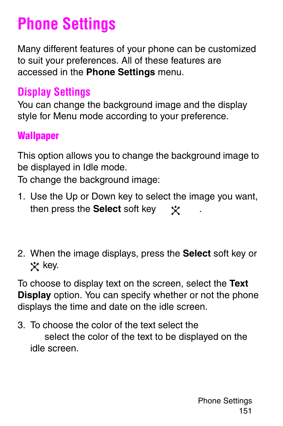 Phone settings, Display settings | Samsung SGH-X427ZSACIN User Manual | Page 151 / 220