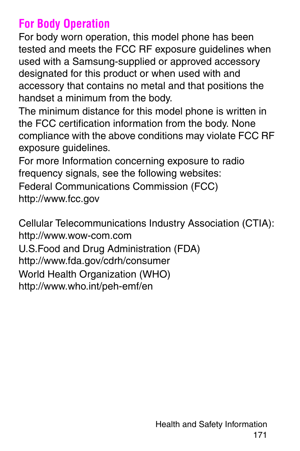 For body operation | Samsung SGH-X427ZSACIN User Manual | Page 171 / 220